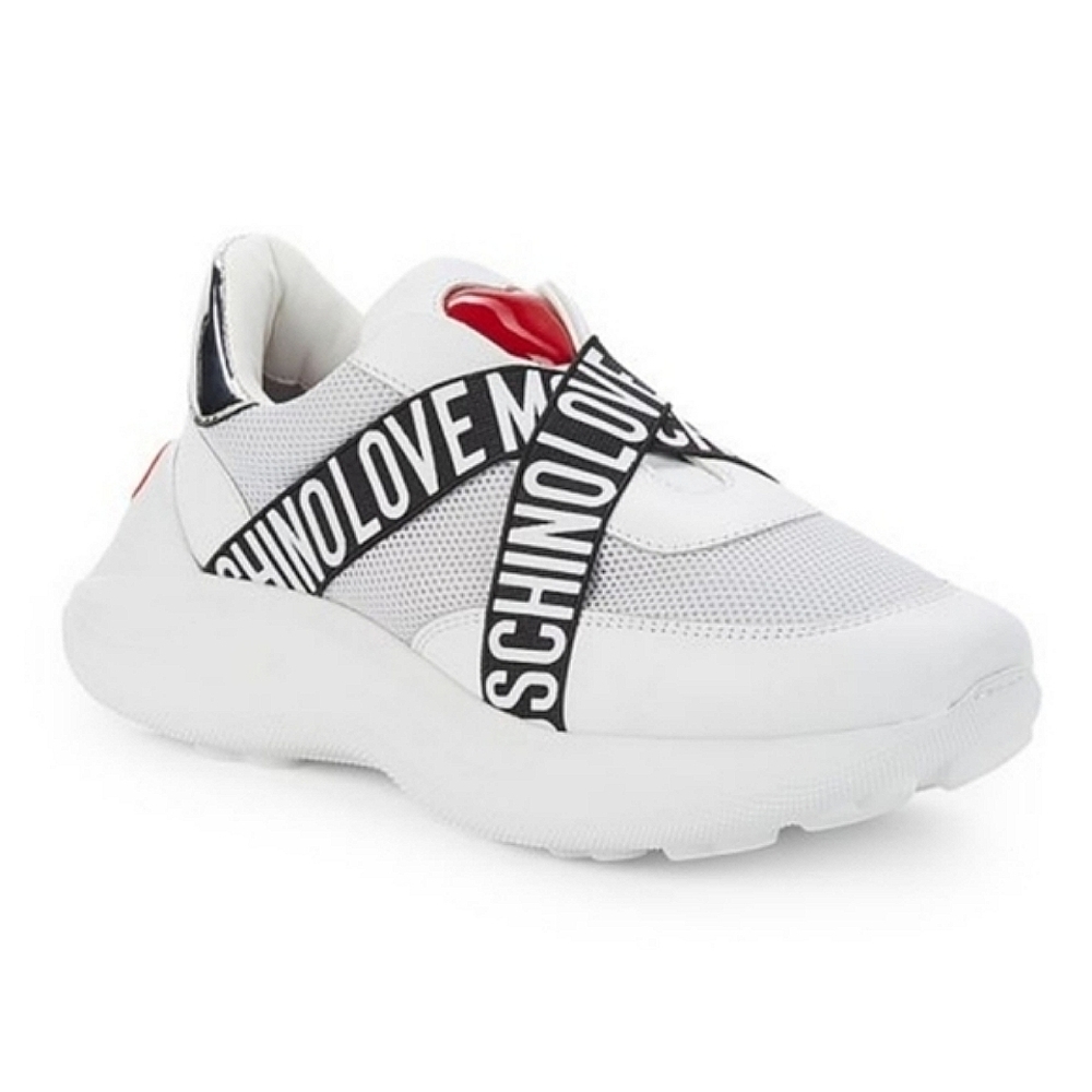 Love Moschino Women's Sneakers Slip On Logo Strap Heart Heel White Silver 38